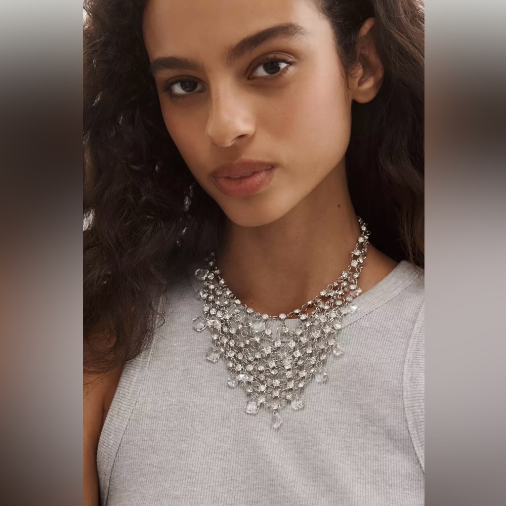 Anthropologie Silver Crystal Draped Bib Necklace